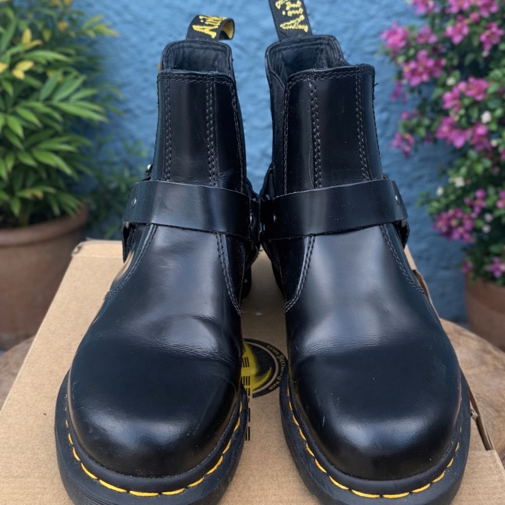 Dr. Martens Black Leather Mary Jane Chelsea Strap Boots with Yellow Stitching